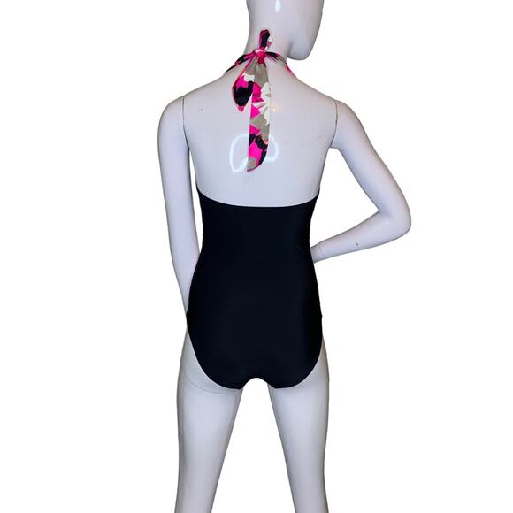 Aqua Green One Piece Swimsuit Padded Floral Pink Print Black bottom Small Halter - Picture 3 of 13